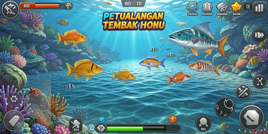 Tampilan gameplay seru dalam 8ID saat menembak ikan di lautan.
