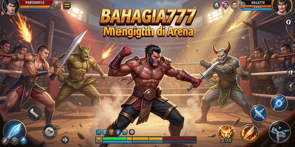 Tampilan gameplay mendebarkan dalam BAHAGIA777 saat bertarung di arena.