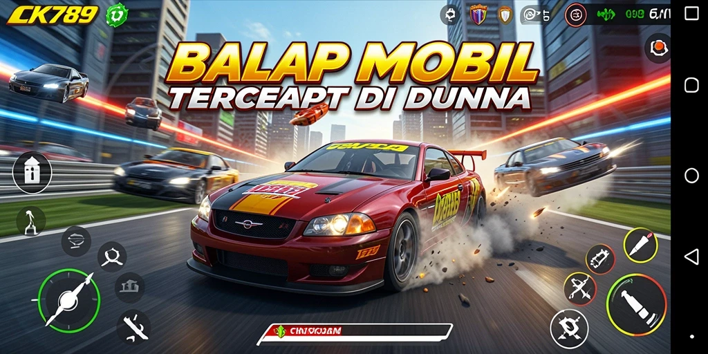 Tampilan gameplay menegangkan dari CK789 saat mobil berbelok tajam di trek balap.