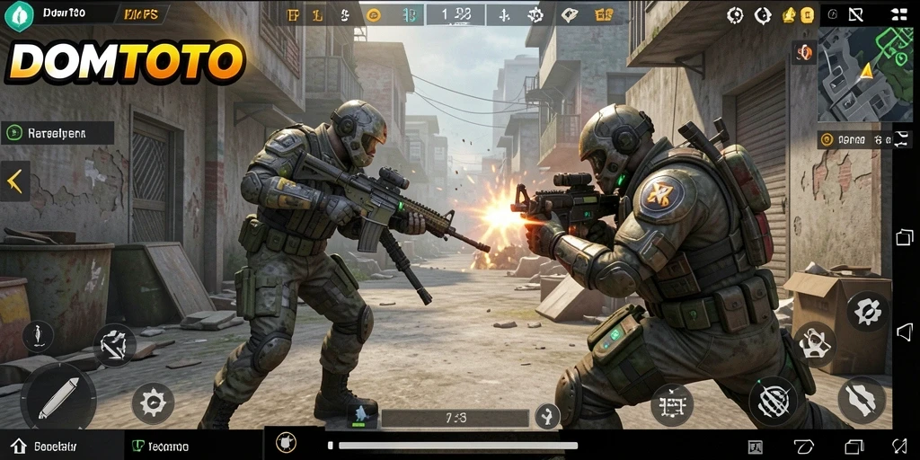 Tampilan gameplay menegangkan dari DOMTOTO dengan aksi FPS yang intens.