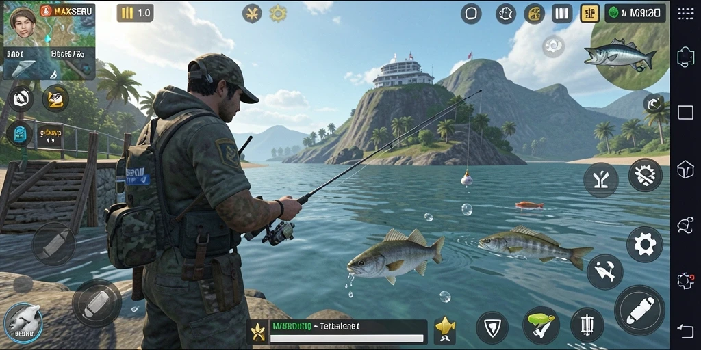 Tampilan gameplay <strong>MAXSERU</strong> menunjukkan pengalaman memancing yang realistis dan menyenangkan.