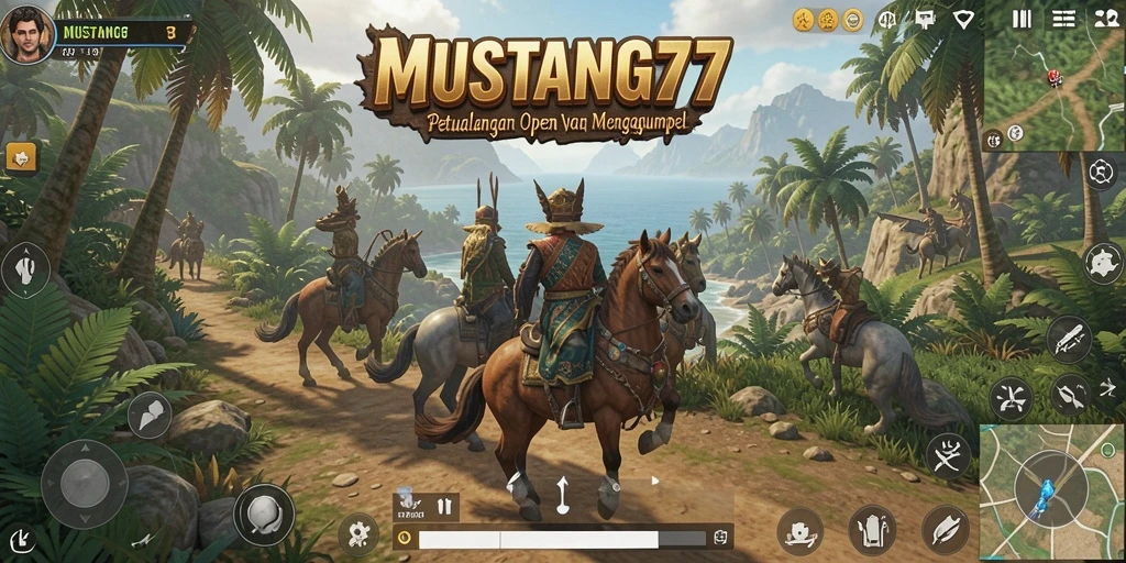 Screenshot gameplay MUSTANG77 menampilkan aksi petualangan di dunia terbuka.