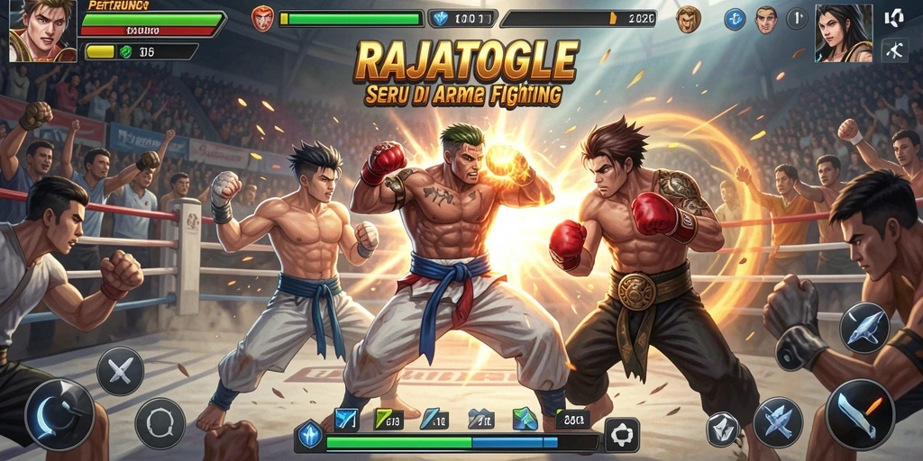 Tangkapan layar gameplay dengan pertarungan dinamis di RAJATOGEL.