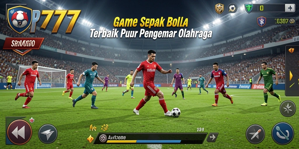 Screenshot utama RP777 menampilkan aksi sepak bola yang mendebarkan di lapangan.