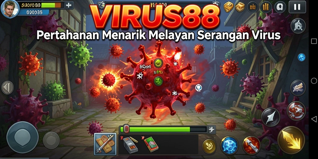 Gameplay VIRUS88 yang menampilkan aksi menara Tower Defense melawan virus.